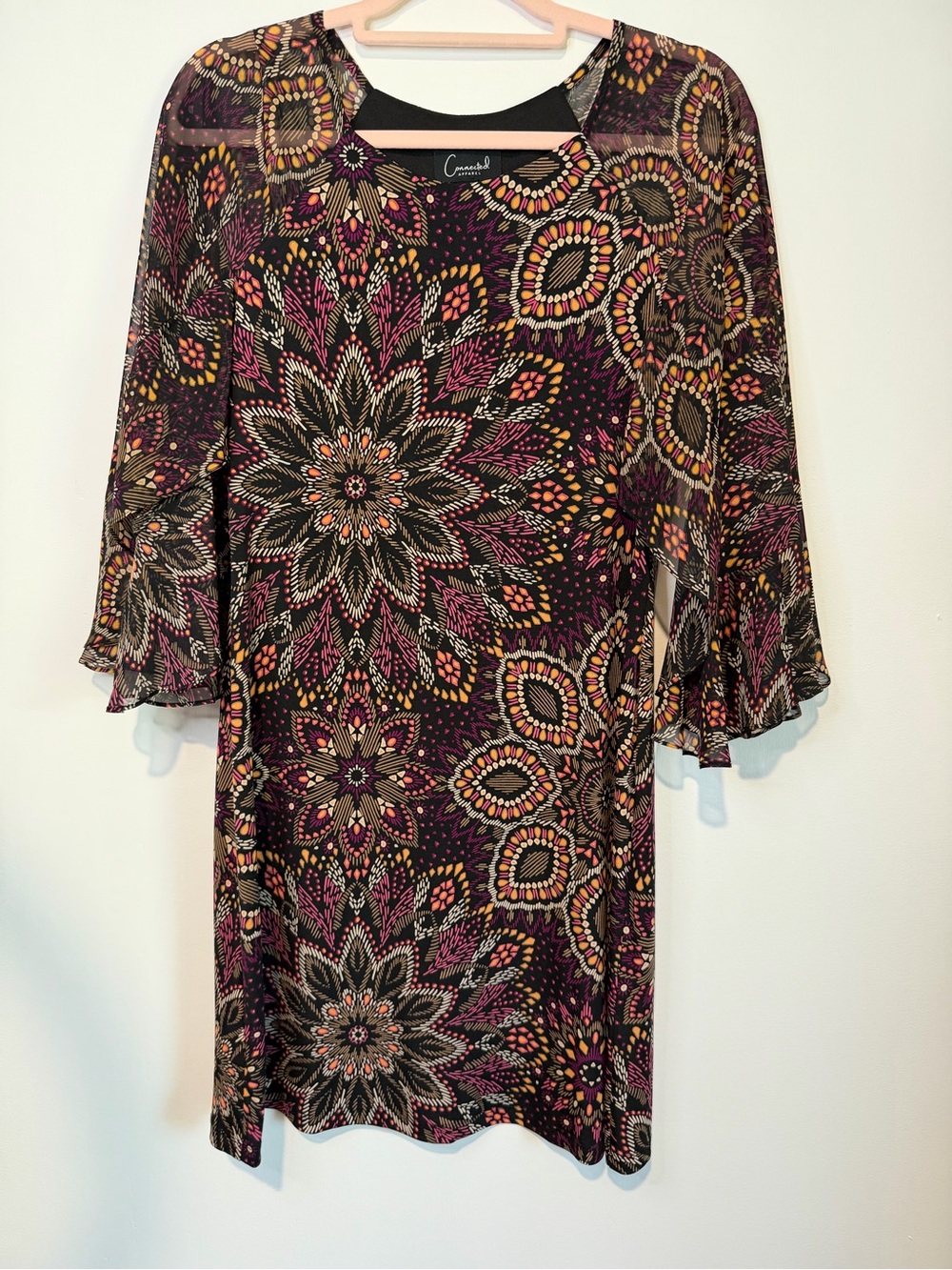 Connected Apparel Sheer Bell Sleeve Medallion Boho Festival Shift Dress Size 6